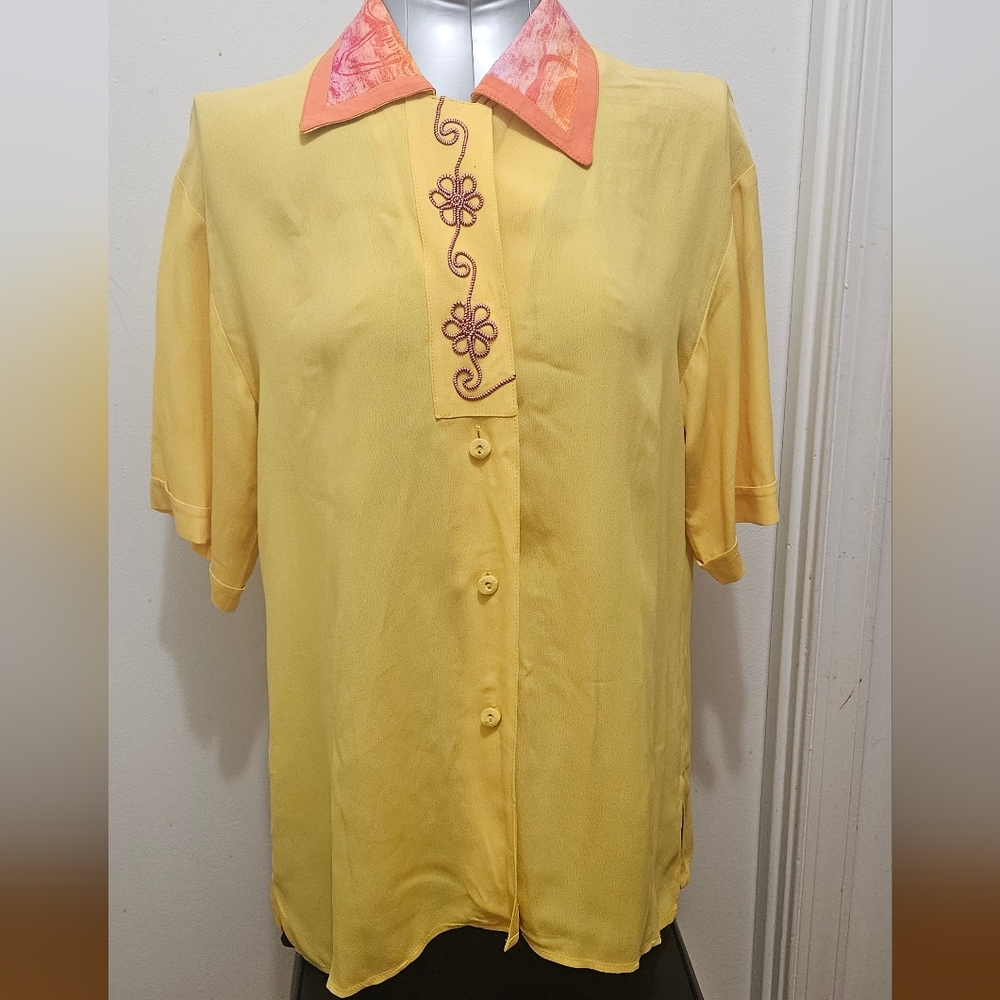 Vintage 80s 90s Helena Designer Sportswear Blouse XL Yellow Button Front
